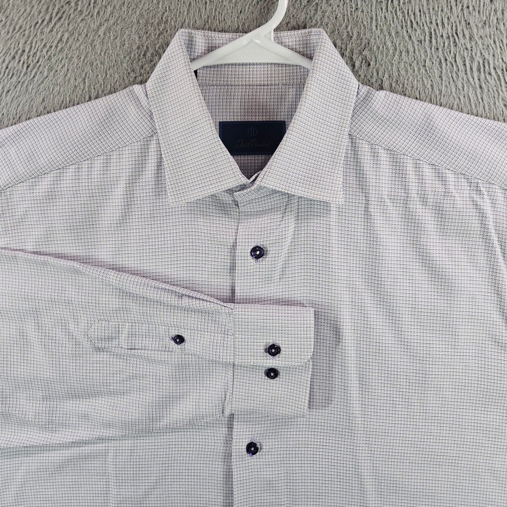 David Donahue Men Purple Micro Check Cotton Dress Shirt 16.5 34/35 Spread Collar
